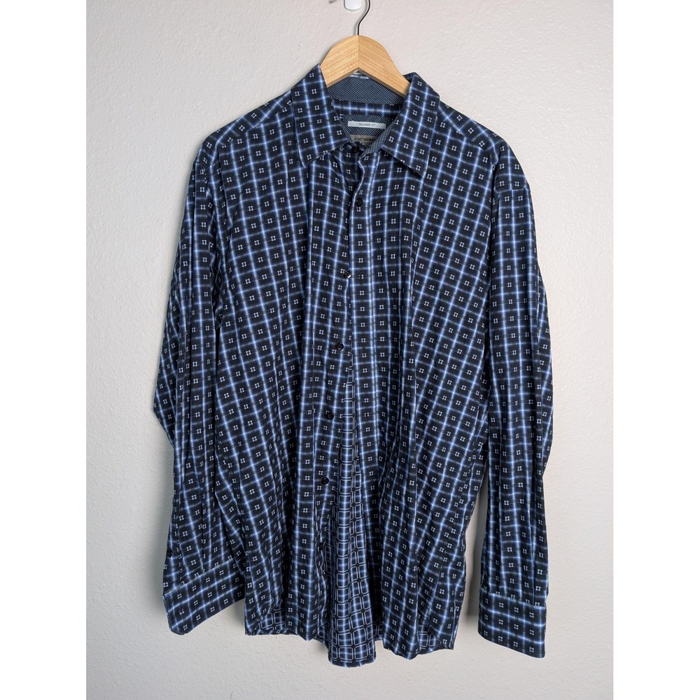 Johnston &‎ Murphy Dress Shirt Mens L Blue Check Slim Fit Long Sleeve Cotton